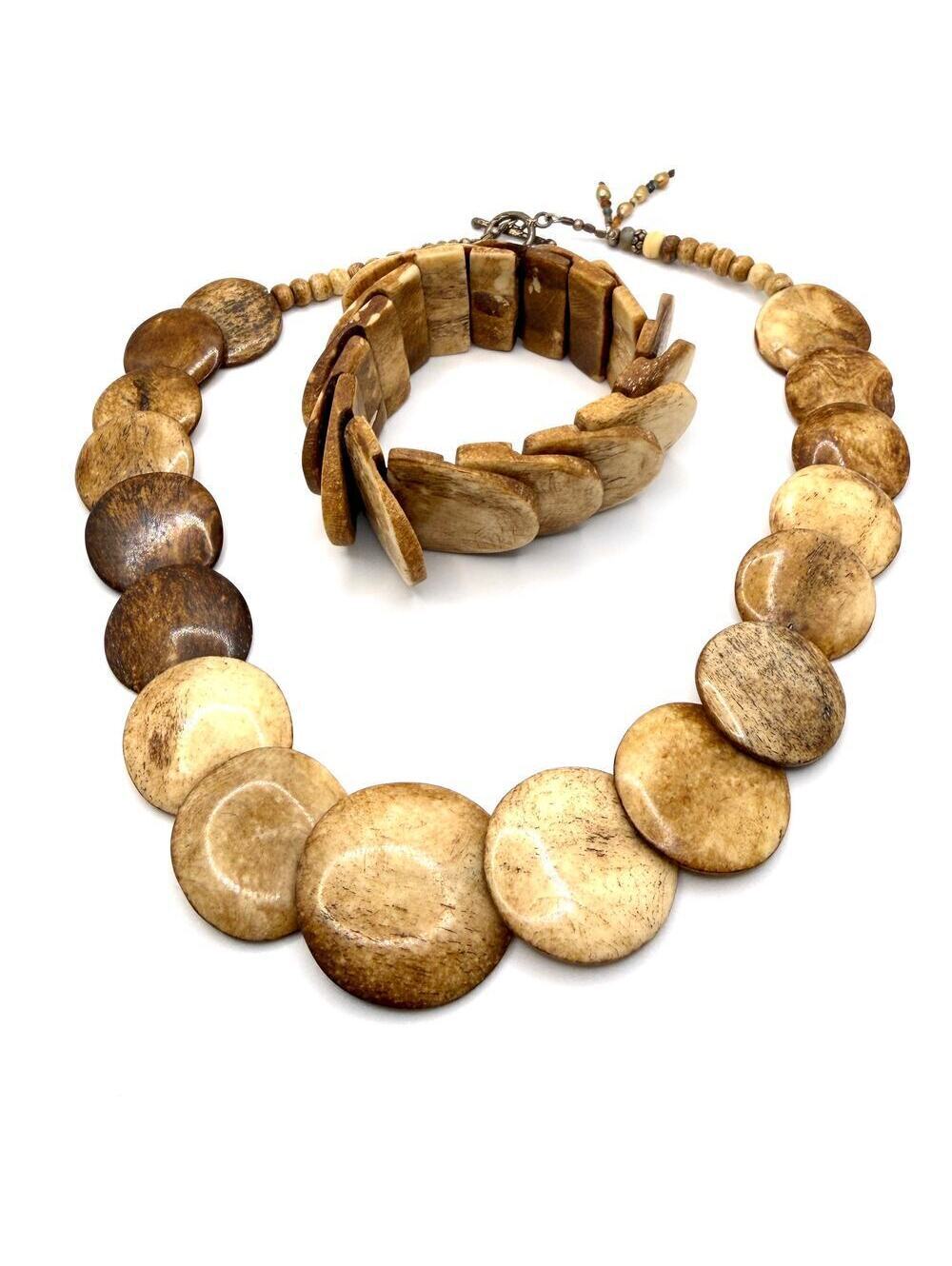 Vintage 90s Natural Bone Flat Disc Necklace Bracelet Set